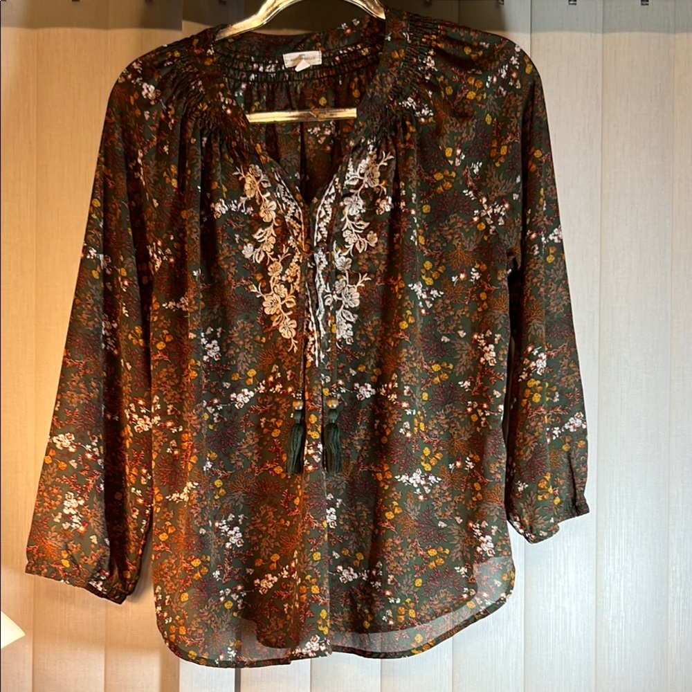 Brown 3/4 Sleeve Embellished Blouse with Mandarin Collar